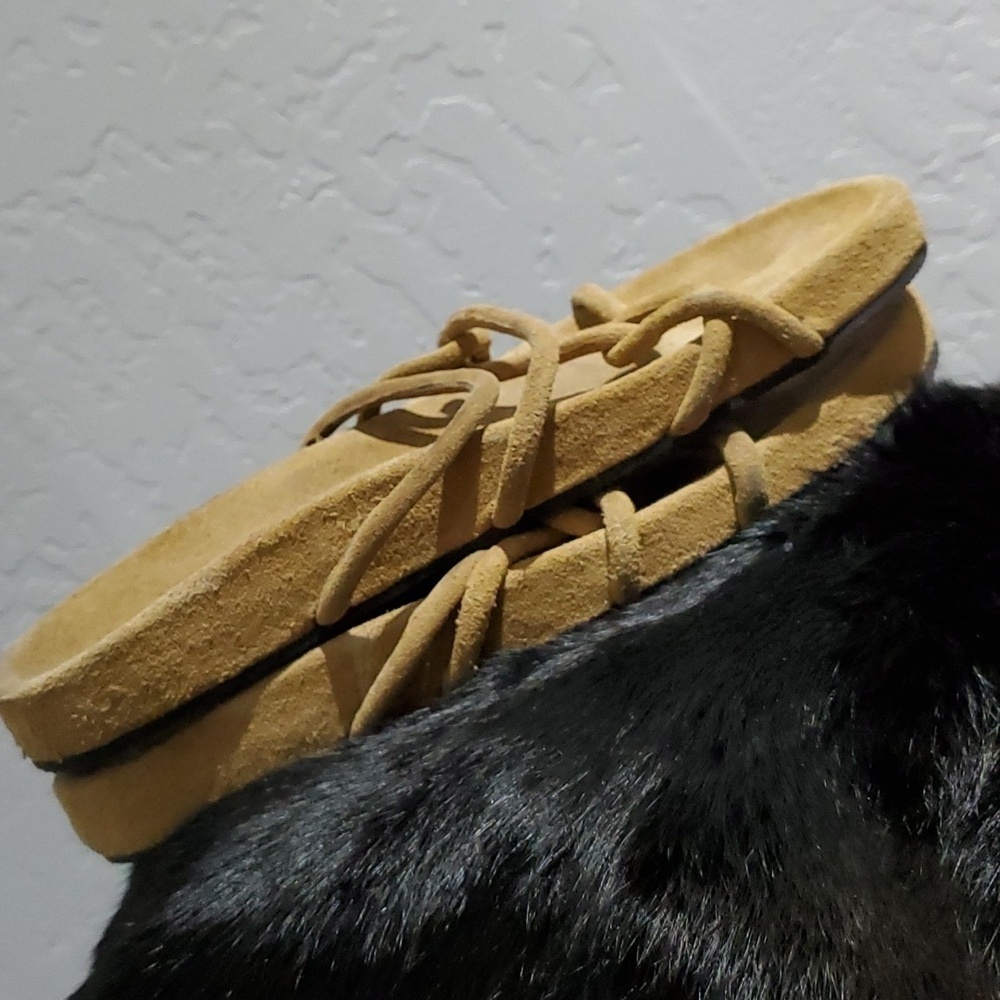 ZARA LEATHER SUEDE FLIP FLOP SANDALS CRISS CROSS STRAPS SIZE 8 BOHO GYPSY FREE - Picture 3 of 9